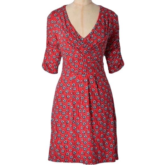 Boden Red Floral Print Gathered V-Neck Jersey Dress Size 8US 12UK Preppy Wl769 - Picture 1 of 9